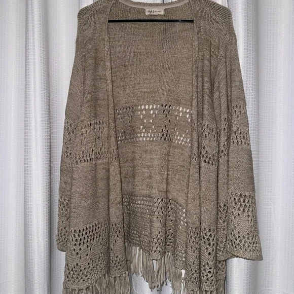 Style & Co. Taupe Open-Front Cardigan with Fringe women’s 3x plus boho hippie - Picture 1 of 5